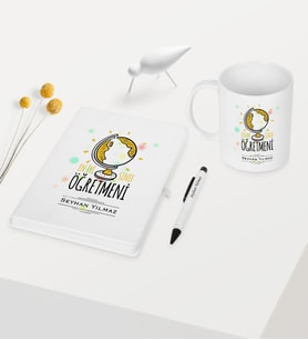 BK Gift Kişiye Özel Sınıf Öğretmeni Temalı Beyaz Defter Kalem Kupa Seti - 4