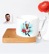 BK Gift Kişiye Özel Chef Karikatür Ahşap Altlıklı Seramik Fincan  1