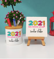 Sana Mutluluk Getirsin 2021 Yılbaşı Hediyesi Kalemlik ve Dekoratif Taş Baskı Seti