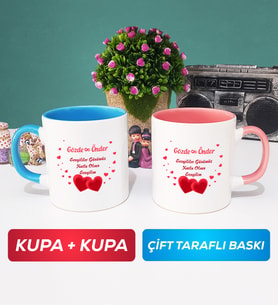 İkili Sevgiliye Sevgililer Günü Hediyesi 6 Kupa Bardak Mavi Pembe