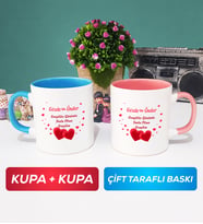 İkili Sevgiliye Sevgililer Günü Hediyesi 6 Kupa Bardak Mavi Pembe