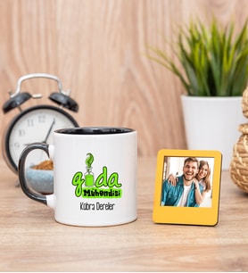 Gıda Mühendisi Siyah Kupa Bardak ve Sarı Mini Fotoğraf Çerçevesi