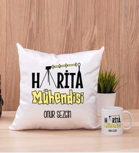 Harita Mühendisi Kare Yastık ve Beyaz Kupa Bardak