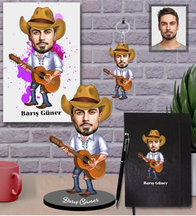 Kişiye Özel Gitarist Karikatürlü 5 li Hediye Seti Bay-1