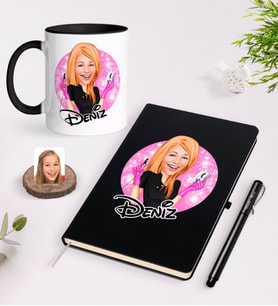 BK Gift Kişiye Özel Kadın Güzellik Uzmanı Karikatürlü Siyah Defter Kalem ve Kupa Seti-3 (Model 1)