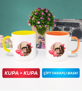 İkili Sevgiliye Sevgililer Günü Hediyesi 8 Kupa Bardak Sarı Turuncu