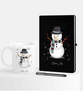 Yılbaşı Hediyesi BK Gift Kişiye Özel Yeni Yıl Kardan Adam Temalı Siyah Defter Kalem Kupa Seti - 1, Sevgiliye, Arkadaşa Hediye