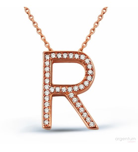 Zirkon Taşlı Gümüş R Harfi Kolye - N090901 (Rose)