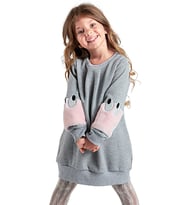 Peluş Kollu Kız Çocuk Elbise (Gri - Pembe)