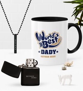 BK Gift Kişiye Özel Dünyanın En İyi Babası Siyah Kupa Benzinli Çakmak Kolye Seti-3 (Model 1)