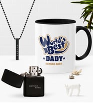 BK Gift Kişiye Özel Dünyanın En İyi Babası Siyah Kupa Benzinli Çakmak Kolye Seti-3 (Model 1)