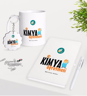 BK Gift Kişiye Özel Kimya Öğretmeni Kupa Anahtarlık Beyaz Defter Kalem Hediye Seti-1 (Model 1)