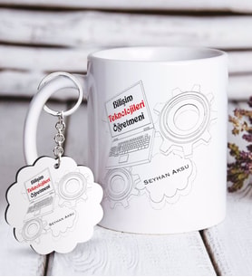 BK Gift Kişiye Özel Bilişim Teknolojileri Öğretmeni Beyaz Kupa ve Anahtarlık Hediye Seti-1 (Model 1)