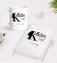 BK Gift Kişiye Özel Kadınlar Günü Aşk Tasarımlı Beyaz Defter Kalem ve Kupa Seti-2 (Model 1)