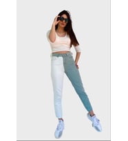 Kadın Kontrast Mom Jean Kot Pantolon Mint Beyaz (Mint Yeşili)