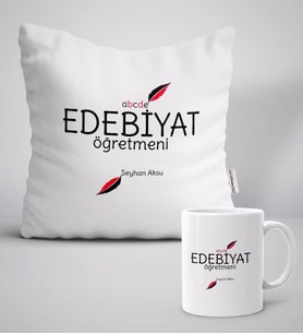 BK Gift Kişiye Özel Edebiyat Öğretmeni Beyaz Yastık Kupa Seti-5 (Model 1)