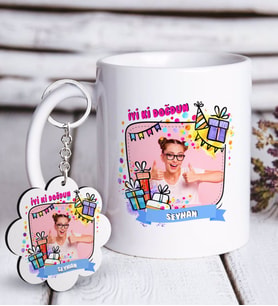 BK Gift Kişiye Özel Fotoğraflı Doğum Günü Beyaz Kupa ve Anahtarlık Hediye Seti-3 (Model 1)