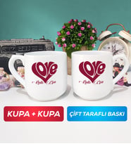 İkili Love Tasarımlı Sevgililer Günü Hediyesi Kupa Bardak Oval