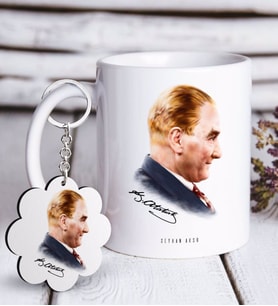 BK Gift Kişiye Özel Atatürk Temalı Beyaz Kupa ve Anahtarlık Hediye Seti-11 (Model 1)