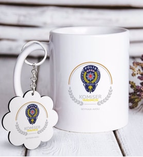 BK Gift Kişiye Özel Mesleki Komiser Yardımcısı Beyaz Kupa ve Anahtarlık Hediye Seti-2 (Model 1)