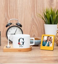 Baş Harfli ve İsimli Fincan ve Turuncu Mini Fotoğraf Çerçevesi