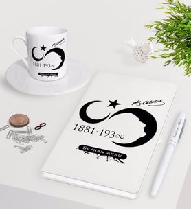 BK Gift Kişiye Özel Atatürk Temalı Beyaz Defter Kalem Türk Kahvesi Fincanı Seti-5 (Model 1)