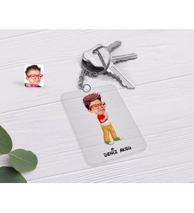 BK Gift Kişiye Özel Erkek Çocuk Karikatürlü Şeffaf Pleksi Anahtarlık-1 (Beyaz)