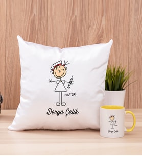 Hemşire Karikatürü Kare Yastık ve Sarı Kupa Bardak
