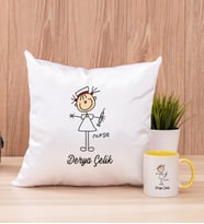 Hemşire Karikatürü Kare Yastık ve Sarı Kupa Bardak