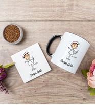 Hemşire Karikatürü Siyah Kupa Bardak Ve Bardak Altlığı Seti