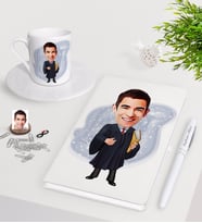 BK Gift Kişiye Özel Erkek Avukat Karikatürlü Beyaz Defter Kalem Türk Kahvesi Fincanı Seti-1 (Model 1)