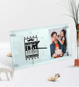 BK Gift Kişiye Özel Fotoğraflı Dünyanın En İyi Babası Masaüstü Cam Saat-5 (Beyaz)