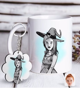 BK Gift Kişiye Özel Bayan Cadı Karikatürlü Beyaz Kupa ve Anahtarlık Hediye Seti-1 (Model 1)