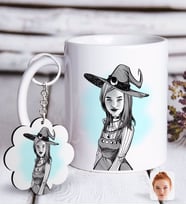 BK Gift Kişiye Özel Bayan Cadı Karikatürlü Beyaz Kupa ve Anahtarlık Hediye Seti-1 (Model 1)