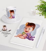BK Gift Kişiye Özel Bebek Karikatürlü Beyaz Defter Kalem Türk Kahvesi Fincanı Seti-2 (Model 1)