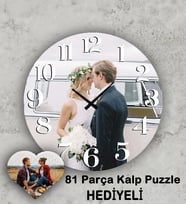 Kişiye Özel Ahşap Kanvas Duvar Saati 50cmx50cm -81 Parça Kalp Puzzle HEDİYE