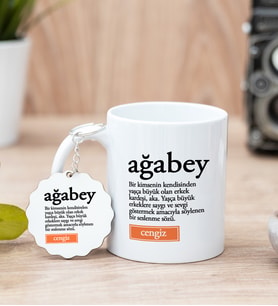 Ağabey Kelime Anlamı Beyaz Kupa Bardak Ve Anahtarlık Set