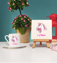 Unicorn Tasarımlı Hediye Unicorn Türk Kahvesi Fincanı ve Dekoratif Taş Baskı Hediye Seti