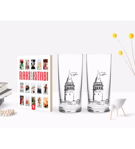 BK Gift Kişiye Özel Renkli Baskılı Galata Kulesi Tasarımlı İkili Rakı Bardağı ve Rakı Cep Kitabı Hediye Seti-10 (Model 1)