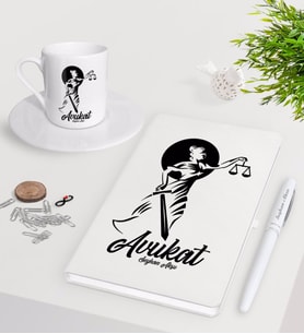 BK Gift Kişiye Özel Avukat Beyaz Defter Kalem Türk Kahvesi Fincanı Seti-15 (Model 1)
