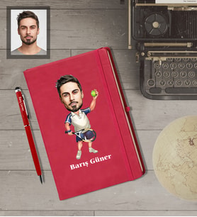 Kişiye Özel Sporcu Karikatürlü  Kırmızı Defter Kalem Hediye Seti Bay-1