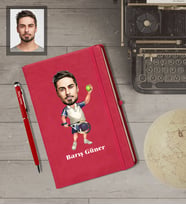 Kişiye Özel Sporcu Karikatürlü  Kırmızı Defter Kalem Hediye Seti Bay-1