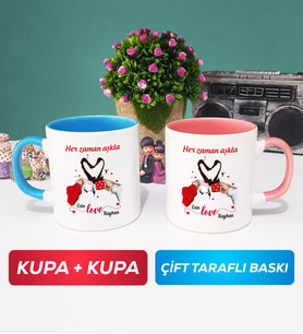 İkili Sevgiliye Sevgililer Günü Hediyesi 10 Kupa Bardak Mavi Pembe