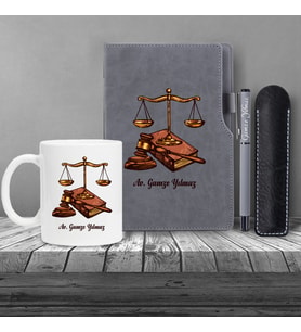 Kişiye Özel Avukat Temalı Gri Defter , Gri Roller Kalem ve Kupa Seti