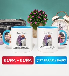 İkili Arkadaşa Hediye Yan Yana Kupa Bardak Mavi