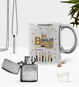 BK Gift Kişiye Özel İlk Babalar Günün Kutlu Olsun Krom Kupa Benzinli Çakmak Kolye Seti-5 (Model 1)