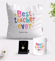 BK Gift Kişiye Özel En İyi Öğretmen Beyaz Kupa Yastık ve İsimli Papatya Kolye Hediye Seti-12 (Model 1)