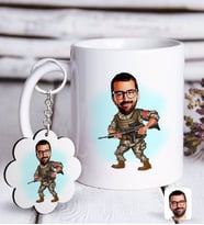 BK Gift Kişiye Özel Asker Karikatürlü Beyaz Kupa ve Anahtarlık Hediye Seti-1 (Model 1)