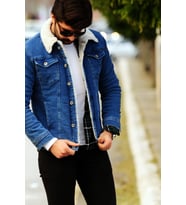 Erkek Mavi İçi Beyaz Kürklü Denim Kot Mont (Lacivert)