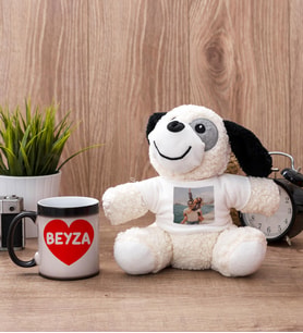 Sevgiliye Hediye İsim Yazılı Kalpli Sihirli Kupa Bardak ve Peluş Köpek